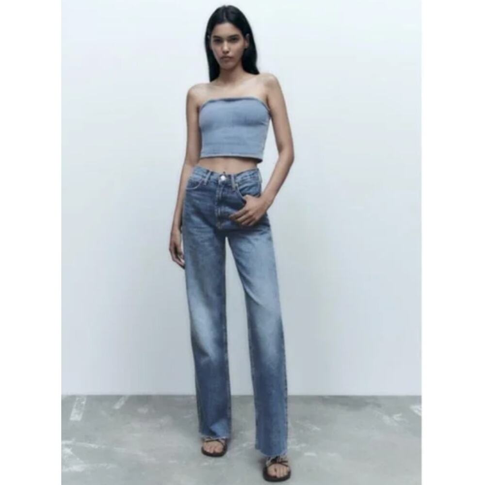 Zara Jeans Size 2 Wide Straight Leg Long High Rise Raw Hem Rigid Denim Cotton